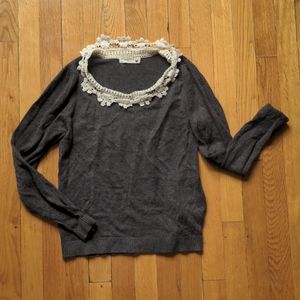 Earth music and ecology dark grey pullover sweater with white lace collar